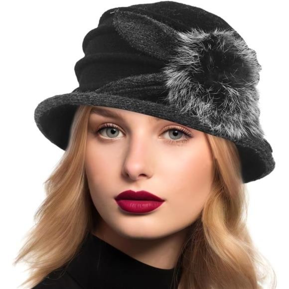 Women's Vintage Felt Bucket Hat Winter Wool Dress Beret Hat Black